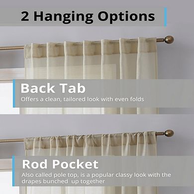 HLC.me Lauren Semi Sheer Pocket Top & Back Tab Lightweight Window Curtains Drapery Panels, 2 Panels
