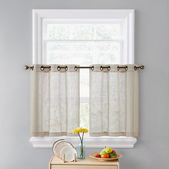 HLC.me Abbey Faux Linen Textured Semi Sheer Grommet Cafe Curtain Tiers, Set of 2
