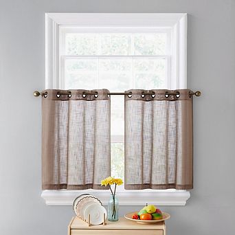 HLC.me Abbey Faux Linen Textured Semi Sheer Grommet Cafe Curtain Tiers, Set of 2