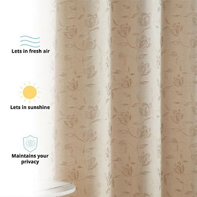 HLC.me Zoey Burlap Flax Linen Floral Jacquard Window Grommet Thick Curtains Drapery Panels, Set
