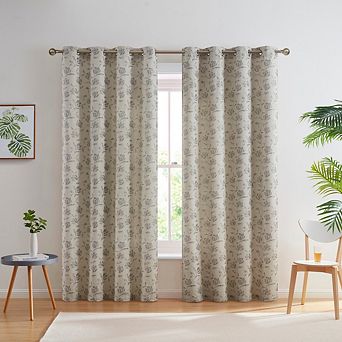 HLC.me Zoey Burlap Flax Linen Floral Jacquard Window Grommet Thick Curtains Drapery Panels, Set