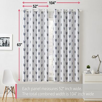 THD Arrow Print Thermal Room Darkening Blackout Energy Efficient Window Curtain Grommet Top Panels - Set of 2