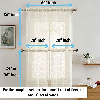 HLC.ME Isabella Floral Rod Pocket Lace Semi Sheer Short Valance for Small Windows, Kitchen Bathroom