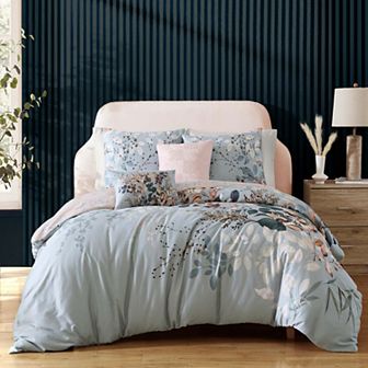 Bebejan Peach Leaves On Sage 100% Cotton 5 pc Reversible Comforter Set