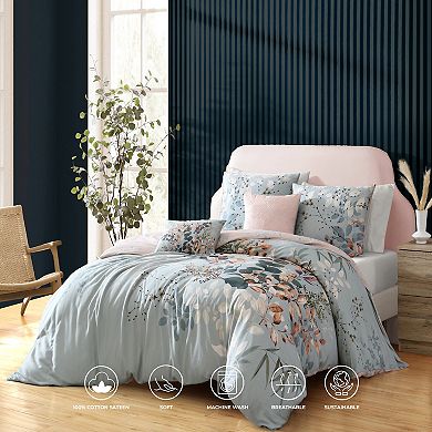 Bebejan Peach Leaves On Sage 100% Cotton 5-piece Reversible Comforter Set