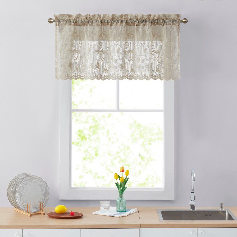 HLC.ME Sophia Spitzen-Vorhänge Mit Volant & Blumenmuster – Halbtransparent, 137 X 45 Cm, Für Badezimmer & Kleine Fenster