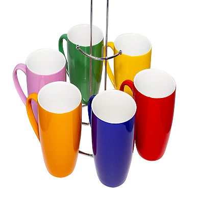 12oz Ceramic Mug Set w/ Stainless Steel Stand - Set of 6 Mugs
