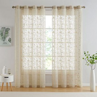 HLC.me Joyce Floral Decorative Semi Sheer Grommet Window Treatment Curtain Drapery Panels - Pair