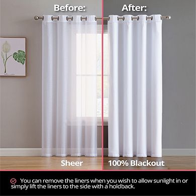 HLC.me White Thermal 100% Blackout Grommet Curtain Liner Complete Darkness, Privacy - Set of 2