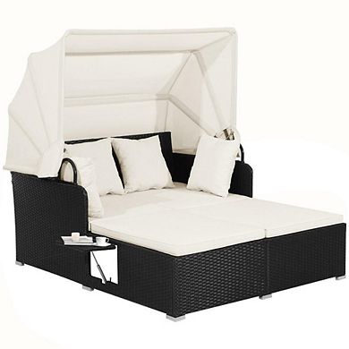 Patio Rattan Daybed with Retractable Canopy and Side Tables