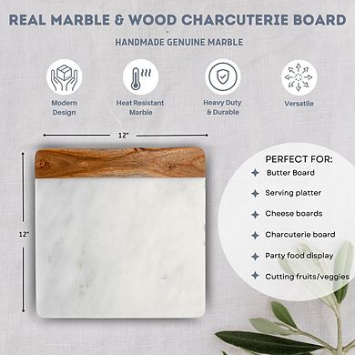White Marble and Wood Accent Charcuterie Board