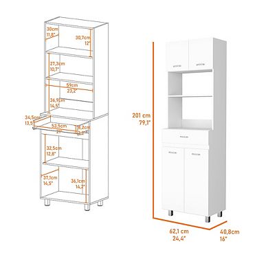 Auburn Microwave Pantry Cabinet, Two Cabinets, Two Open Shelves, Drawer