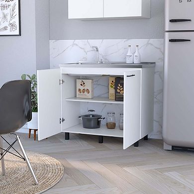 Oklahoma 2 Utility Sink & Cabinet, Interior Shelf, Stainless Steel Countertop