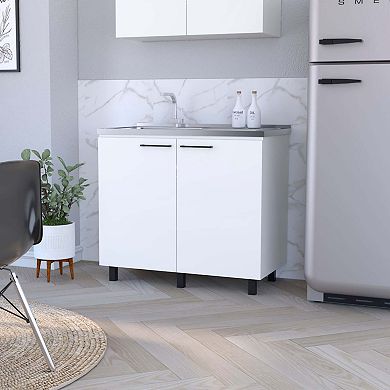 Oklahoma 2 Utility Sink & Cabinet, Interior Shelf, Stainless Steel Countertop