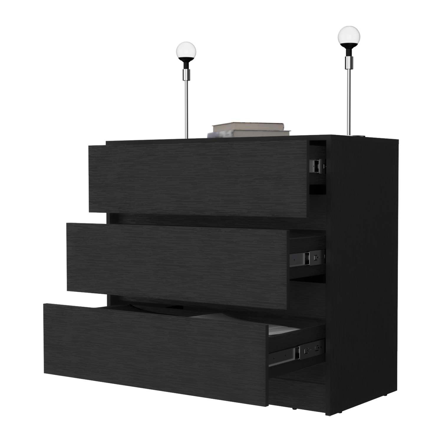 3-drawer dresser with open top drawers showing hardware