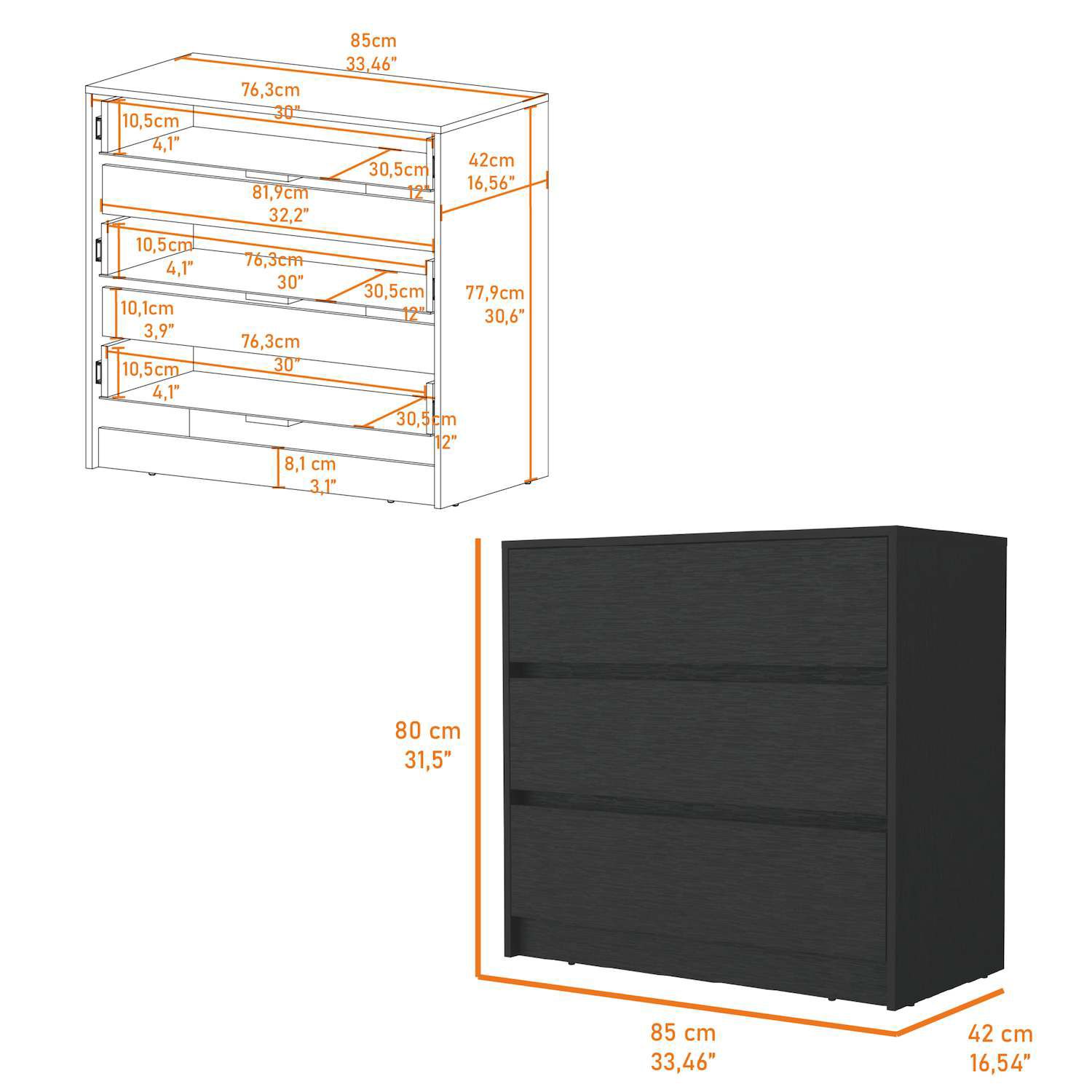 Technical dimensions of Avra 3-drawer dresser
