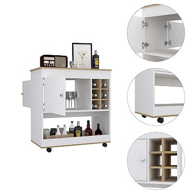 Texas Bar Cart, One Cabinet, Six Bottle Cubbies, One Lower Panel, Four Casters