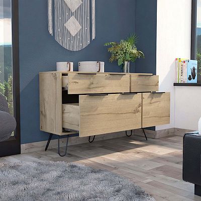 FM Furniture Monaco Double Dresser Four Drawers Superior Top Hairpin Legs Light Oak