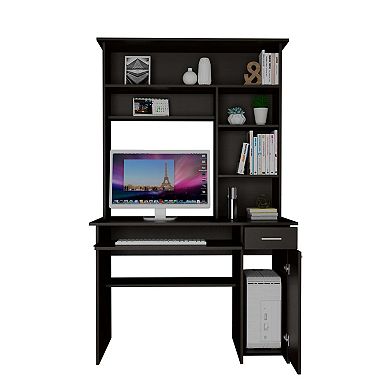 Weston Two Writing Computer Desk, Hutch, Single Drawer and Cabinet, Six Shelves