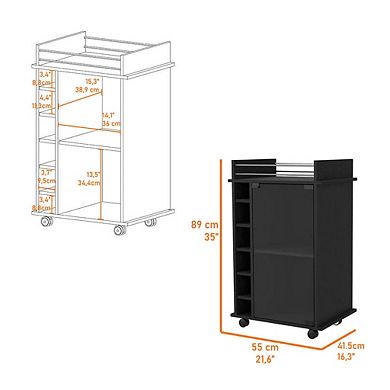 Vegas Bar Cart, Two Tier Cabinet With Glass Door, Six Cubbies For Liquor