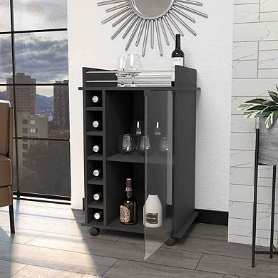 Vegas Bar Cart, Two Tier Cabinet With Glass Door, Six Cubbies For Liquor
