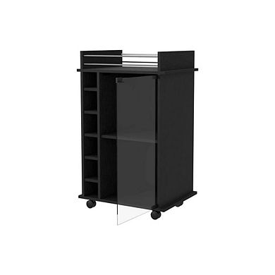 Vegas Bar Cart, Two Tier Cabinet With Glass Door, Six Cubbies For Liquor