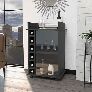 Vegas Bar Cart, Two Tier Cabinet With Glass Door, Six Cubbies For Liquor