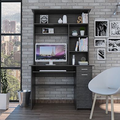 Weston Two Writing Computer Desk, Hutch, Single Drawer and Cabinet, Six Shelves
