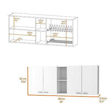 Winslow 150" Wall Cabinet, Four Doors, Two Divisions, Two Shelves