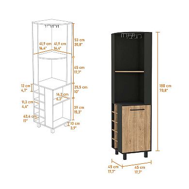 Leah Corner Bar Cabinet, Two Shelves, Ten Built-in Wine Rack, Single Door Cabinet, Two Interior Shelves