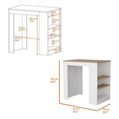 Harlan Kitchen Island, Counter Height Table Top with 3-Side Shelf