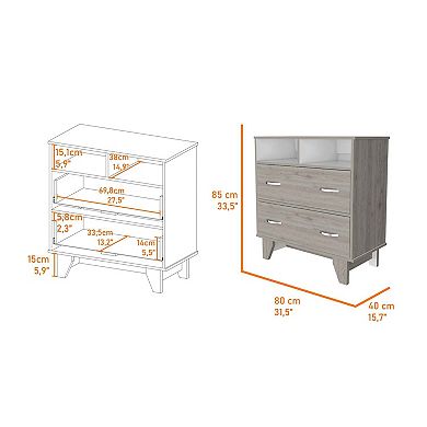 Portobelo Two Drawer Dresser, Two Shelves, Superior Top, Four Legs