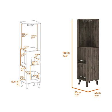 Quinn Corner Bar Cabinet, Two External Shelves, One Drawer, Two Interior Shelves