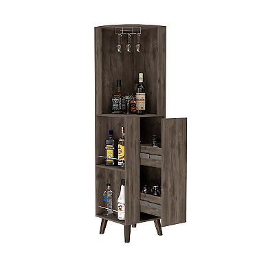 Quinn Corner Bar Cabinet, Two External Shelves, One Drawer, Two Interior Shelves