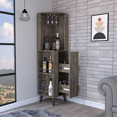 Quinn Corner Bar Cabinet, Two External Shelves, One Drawer, Two Interior Shelves