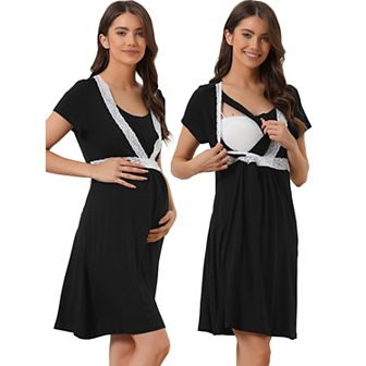 Women's Lace Short Sleeve Soft Nightgown Maternity Knee Length Sleep Nightshirt