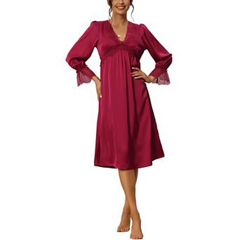 Women's Satin Pajamas Long Sleeve Lace V-neck Casual Long Dress Nightshirts Loungewear
