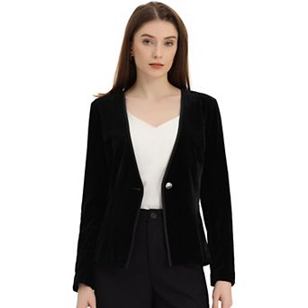 Women's Long Sleeve Office Collarless One Button Velvet Blazer