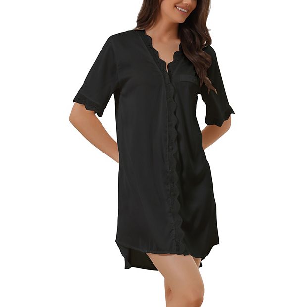 Women s Satin Silky Nightshirt Button Down Nightgown Lace Pajama