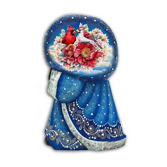 Cardinals And Flowers Santa With Bag Hand-painted Wood Carved Masterpiece By G. Debrekht