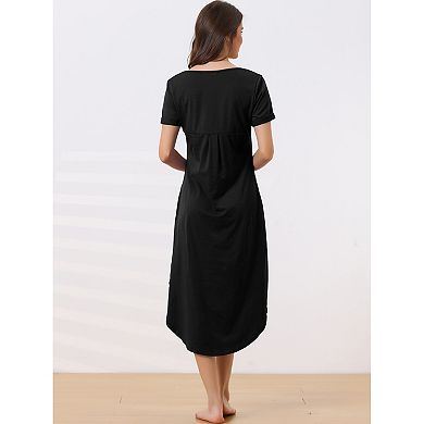Women's V Neck Short Sleeve Long Nightgown Lounge Dress With Pocket