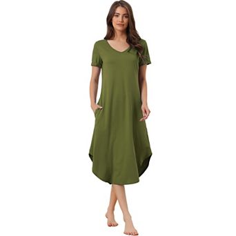 Women's V Neck Short Sleeve Long Nightgown Lounge Dress With Pocket