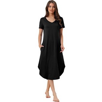 Women's V Neck Short Sleeve Long Nightgown Lounge Dress With Pocket