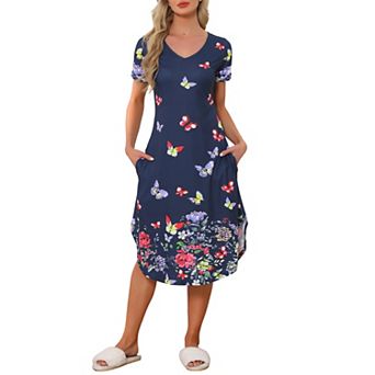 Women's V Neck Short Sleeve Long Nightgown Lounge Dress With Pocket