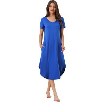 Women's V Neck Short Sleeve Long Nightgown Lounge Dress With Pocket
