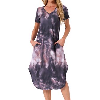 Women's V Neck Short Sleeve Long Nightgown Lounge Dress With Pocket