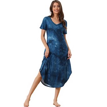 Women's V Neck Short Sleeve Long Nightgown Lounge Dress With Pocket