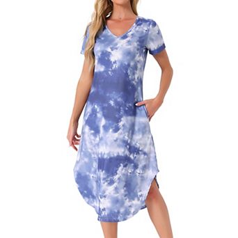 Women's V Neck Short Sleeve Long Nightgown Lounge Dress with Pocket
