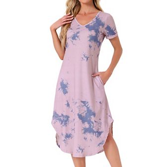 Women's V Neck Short Sleeve Long Nightgown Lounge Dress With Pocket