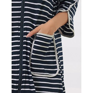 Women's Zip Front Robe 3/4 Sleeve Striped Long Bathrobe Dress Pajama